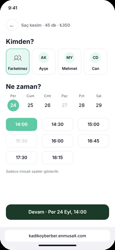 Online randevu için müsait saat seçimi